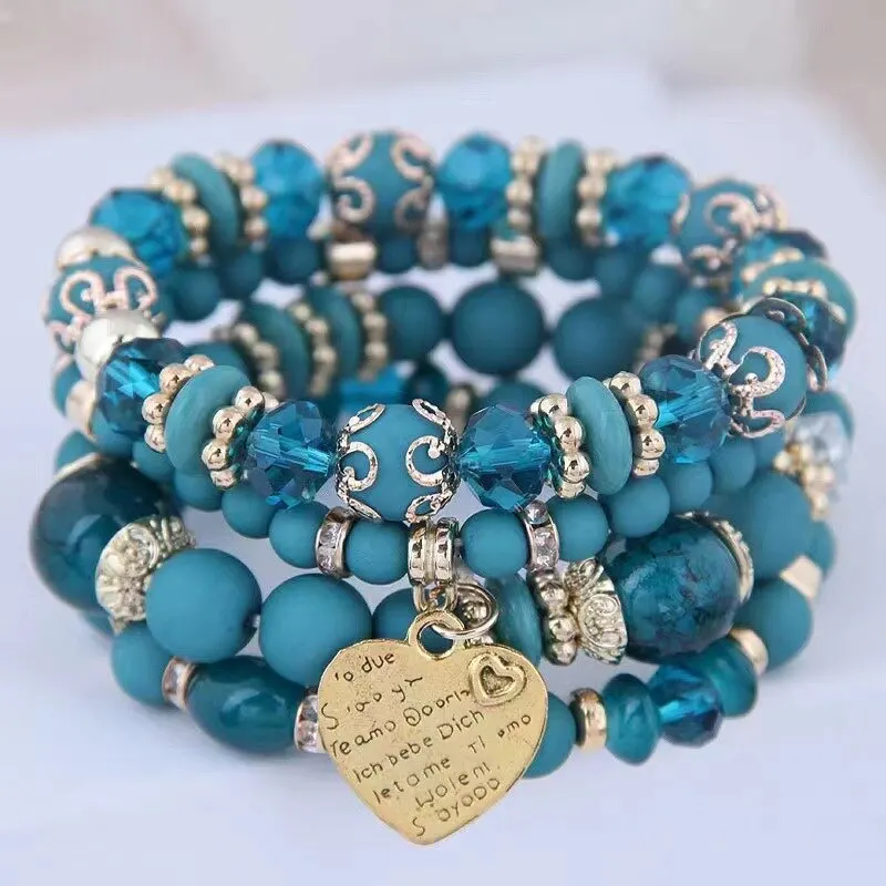 4pcs/set Boho Strand Bracelets For Women Crystal Beads Bracelets Heart Letter Elastic Bangles Wristband Yoga Jewelry Gifts A-