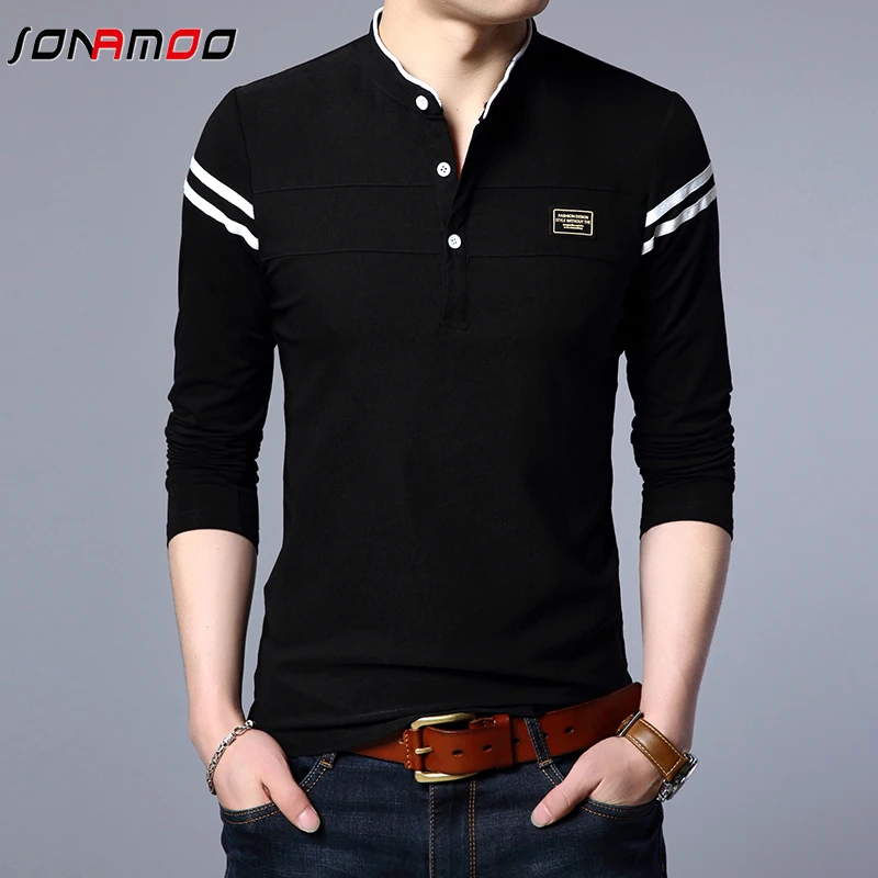 Men\'s Fashion Summer Long Sleeved POLO T-shirt Casual Cotton Breathable Top Stand Up Neck Long Sleeve Korean Comfortable Shirt