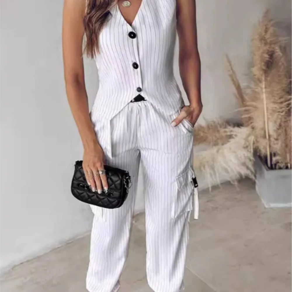 المرأة موضة مخطط مطبوعة سترة بنطلون 2 قطعة مجموعة الربيع الصيف جديد سترة دون أكمام جيب العمل السراويل الإناث مجموعة