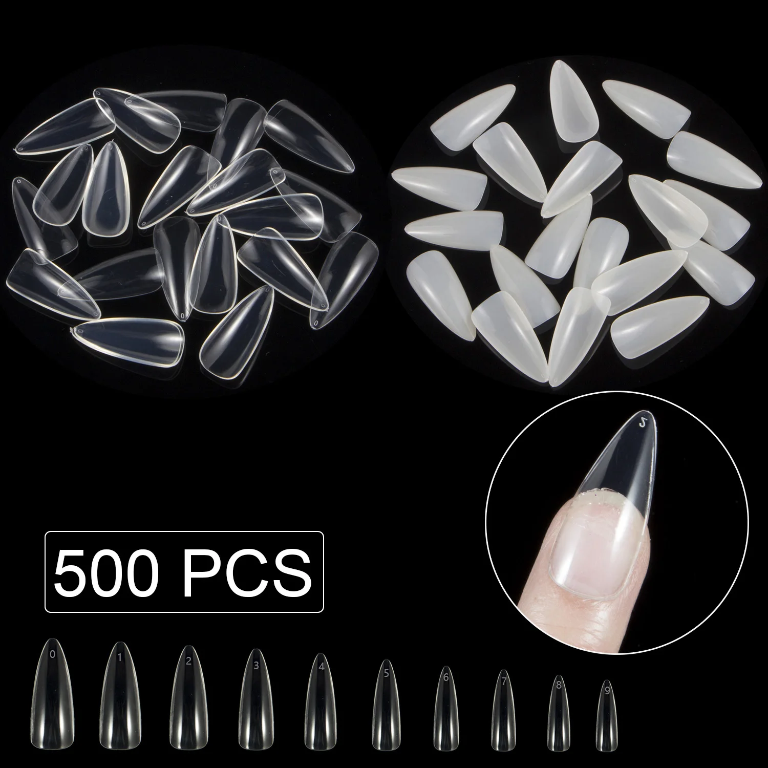 Punte per unghie finte a Stiletto medio 500 pezzi 10 dimensioni mezza copertura Manicure per unghie finte stampa su forniture per il Design di Nail Art