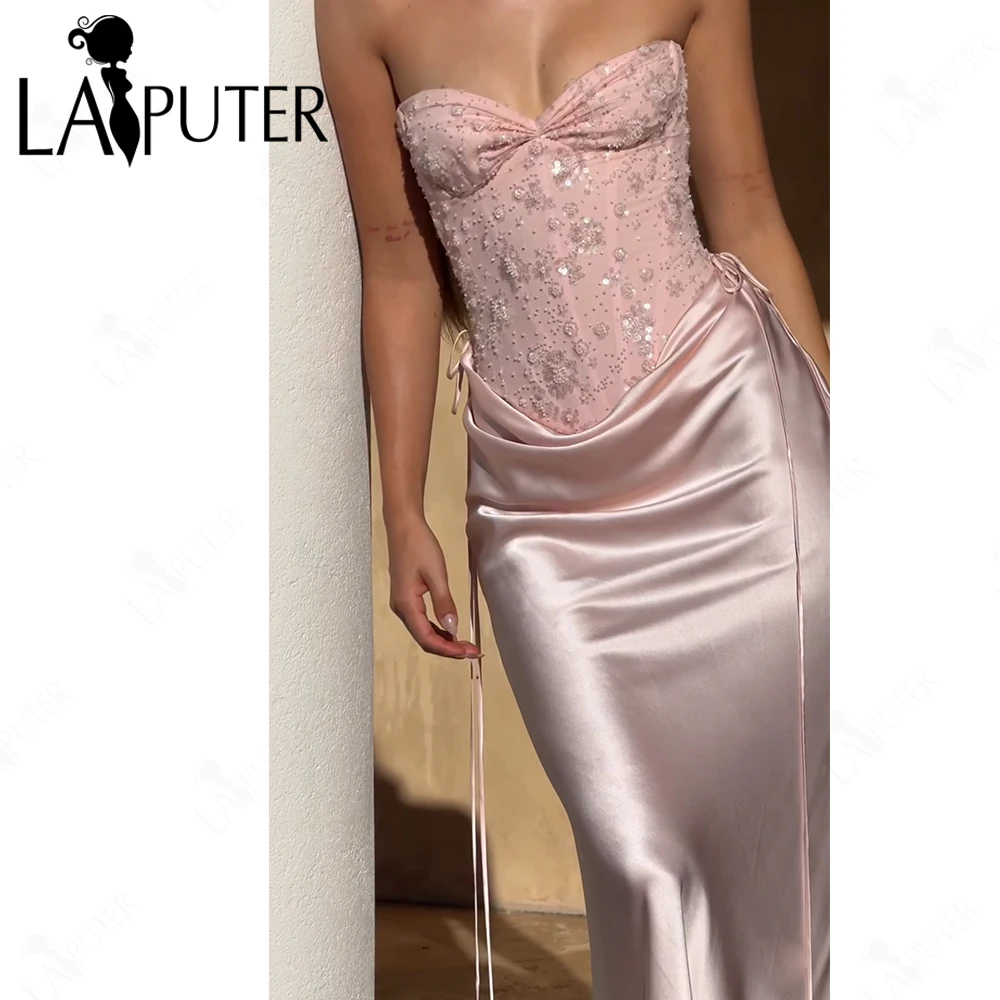 الوردي حورية البحر فساتين السهرة قبالة الكتف الجوفاء حبة الدانتيل مشد مساء اللباس Ruching فلوي الساتان صالح الفرنسية رومانسية اللباس الرسمي #2