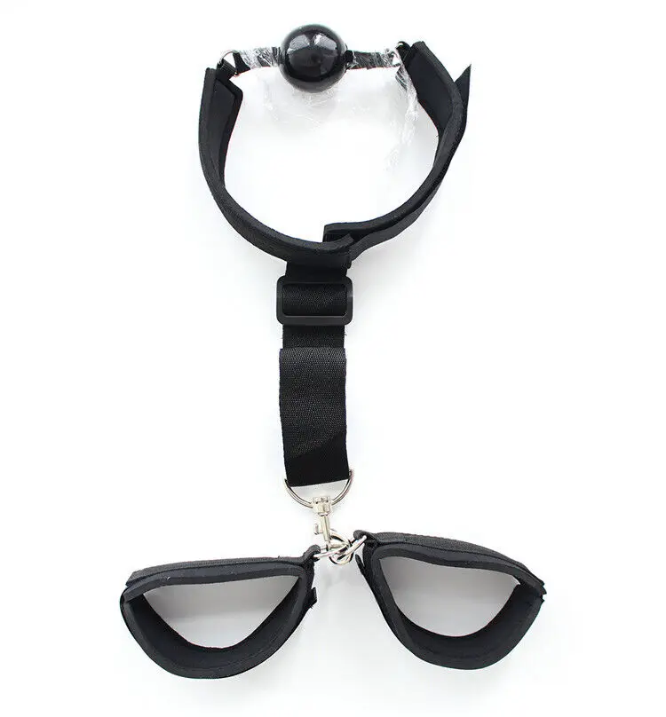 Bondage BDSM Ball Gag With Neck Collar Back Handcuffs Wrist Restraint Slave Game