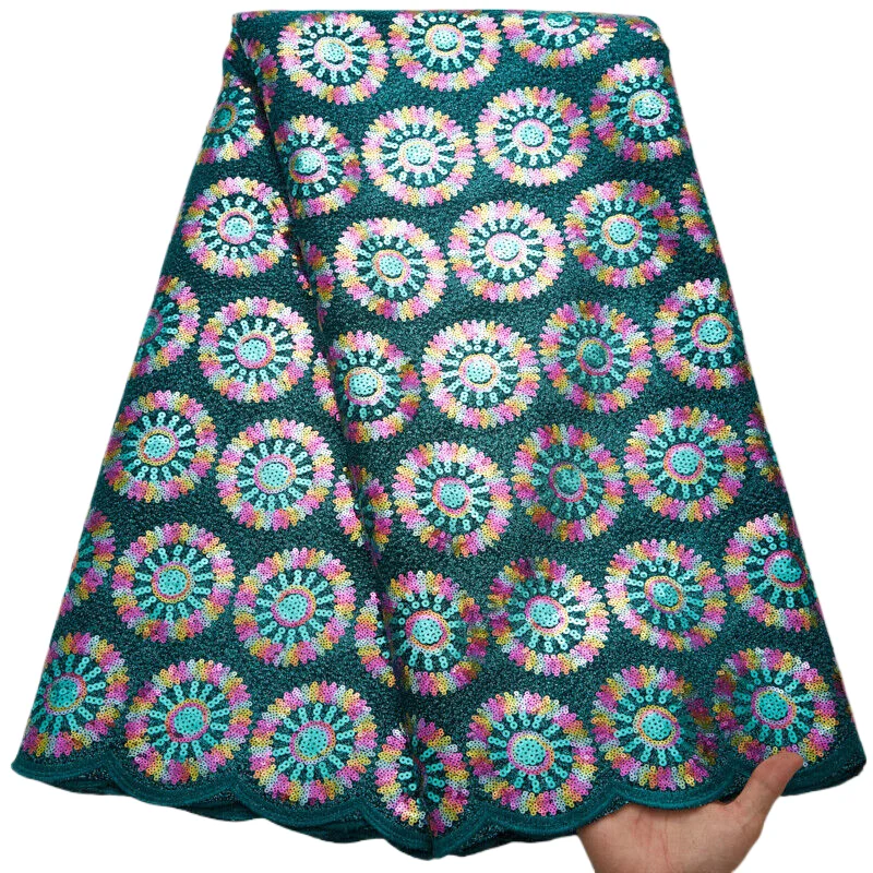 Nigerian Lace Fabric 2024 High Quality 5 Yard Green African Sequined Lace Fabric Embroidery Luxury Evening Dress for Women A2672