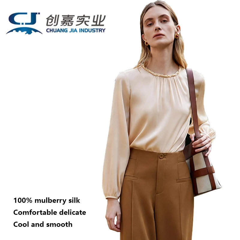 High-end Natural Silk Women's T-shirt Long-sleeved Round-neck Elegant Shirt High Luxury Sophisticated Style for Casual Wear