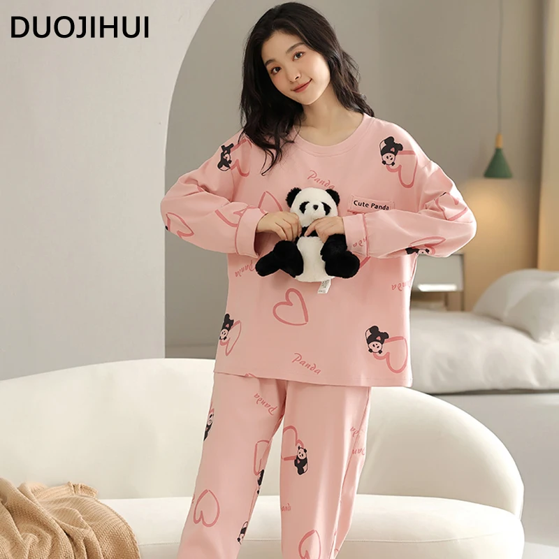 DUOJIHUI Pink Sweet Two Piece Casual Home Pajamas for Women O-neck Pullover Loose Simple Pant Fashion Pocket Female Pajamas Set