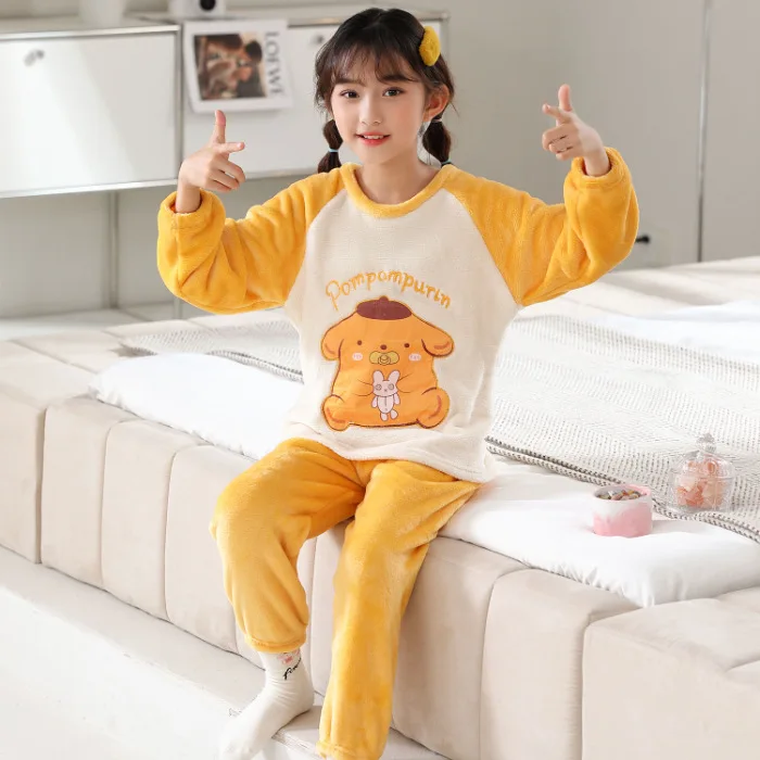 Sanrio Kawaii Pajamas Pants Set Kuromi Cinnamoroll Melody Girls Clothes Winter Thickening Flannel Anime Home Nightwear Trousers