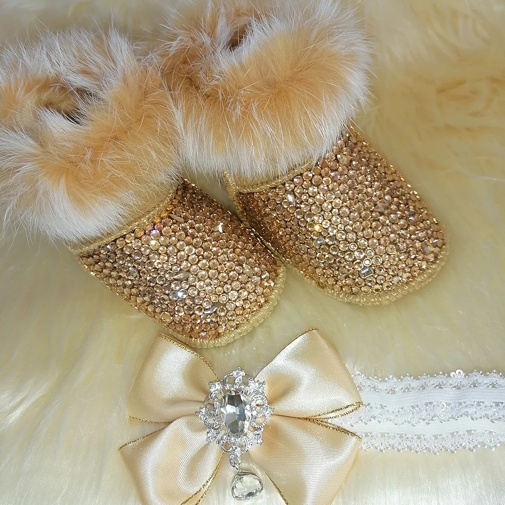 Handmade Bow Hairband Rhinestones Baby Girl Snow Boots Winter Shoes Comb First Walker Sparkle Bling Crystal Princess Shower Gift