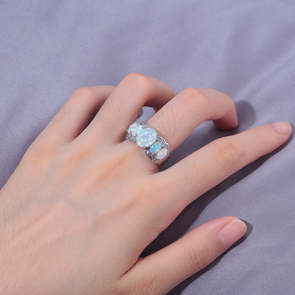 CiNily White Fire Opal Wide Finger Rings Silver Plated Large Oval Stone CZ Crystal Filled Ring Luxury Cocktail Jewelry Female