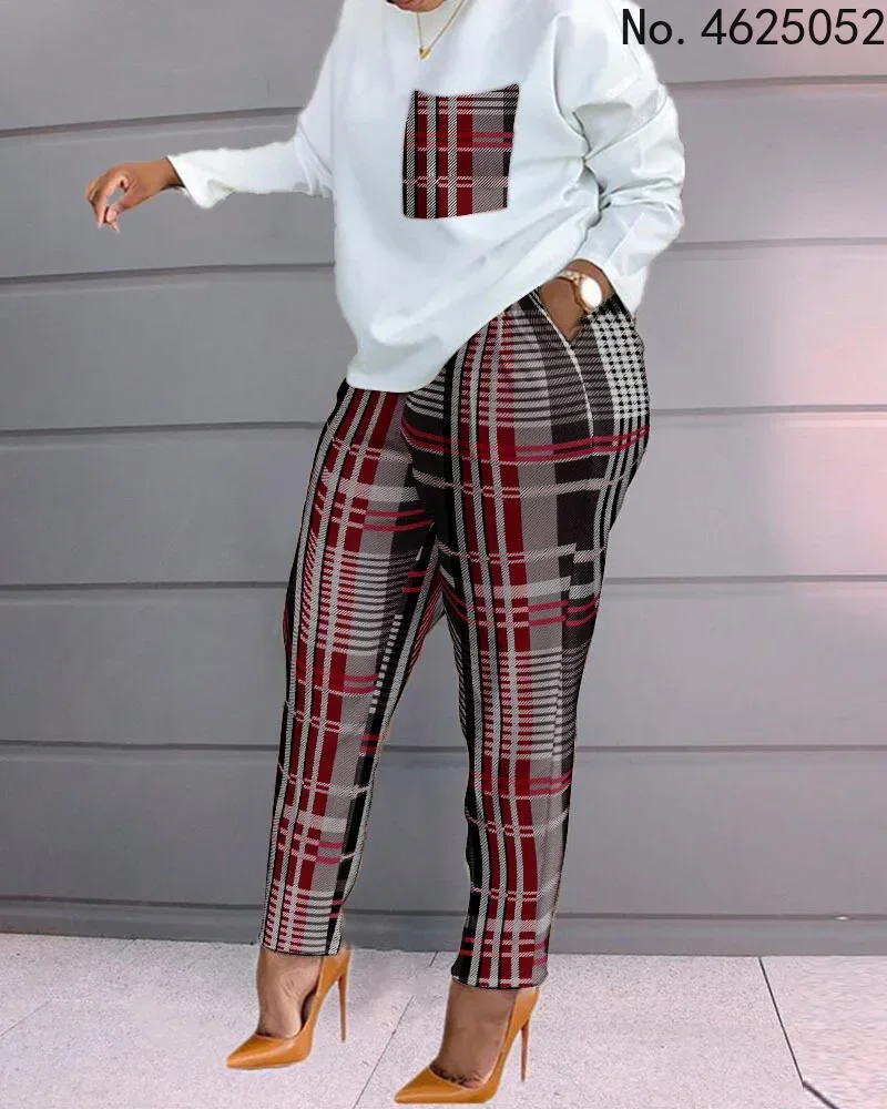 Women Spring Autumn Casual Loose 2 Piece Set Drawstring Design Pockets Plaid Print Long Sleeve Top & Pants Set