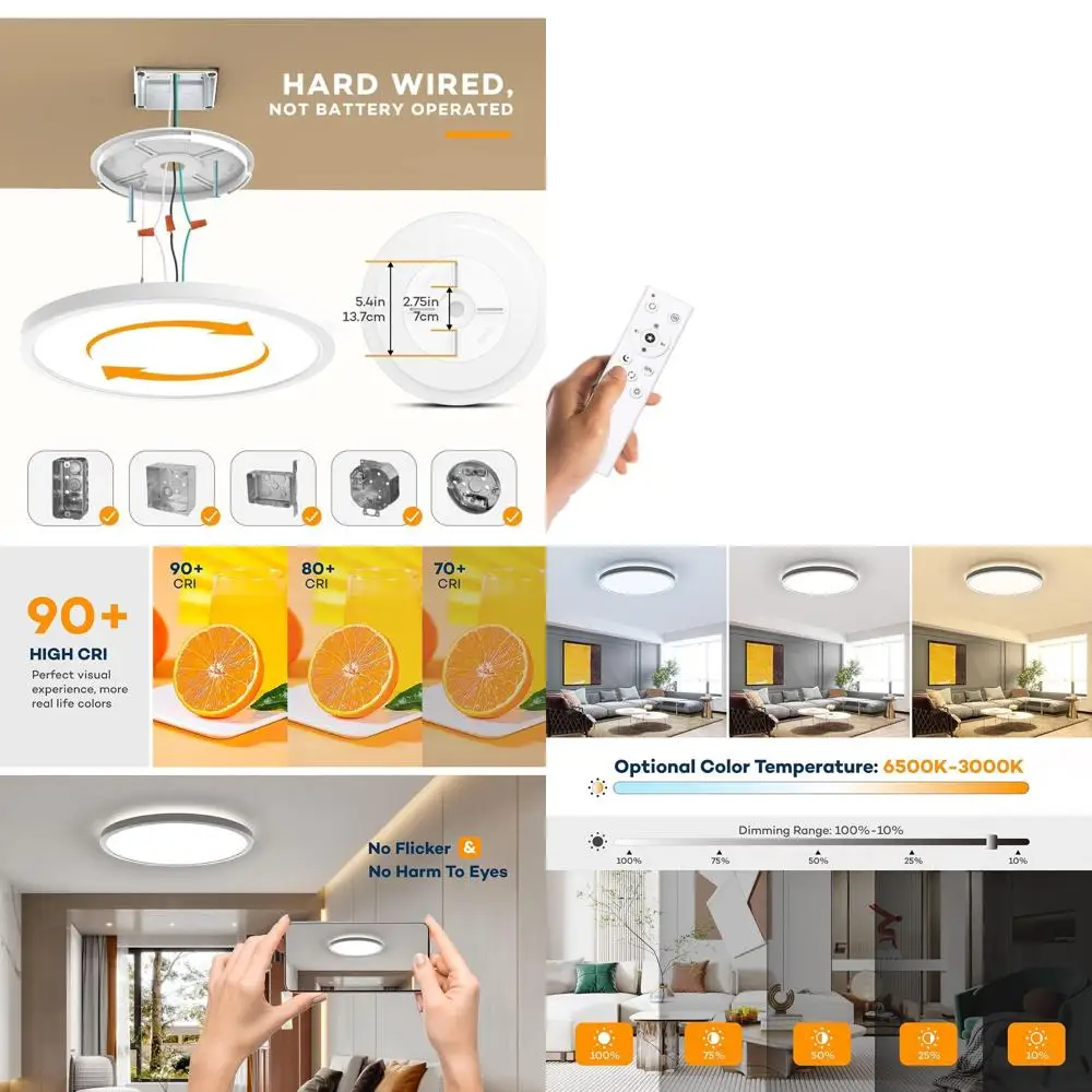 

12-Inch 24W Dimmable LED Flush Mount Ceiling Light with Remote, 3000K-6500K Adjustable Color, Modern Thin Design for Home Use