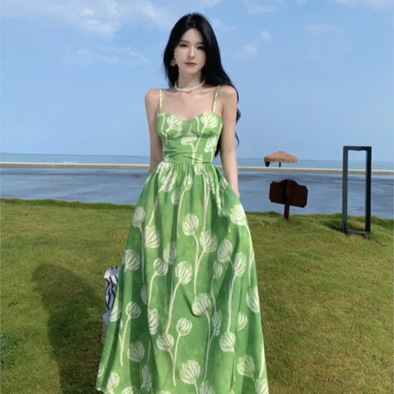 Strap Dress Women's Seaside Holiday Beach Green off-Shoulder Waist Trimming Slimming Skirt