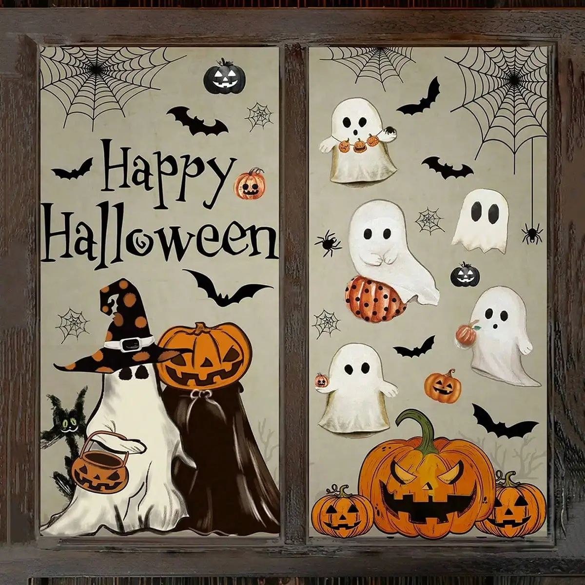 Halloween Static Window Clings, Cute Ghost Pumpkin Spider Web Bat Window Decals, Removable Non-Adhesive Halloween Window Sticker