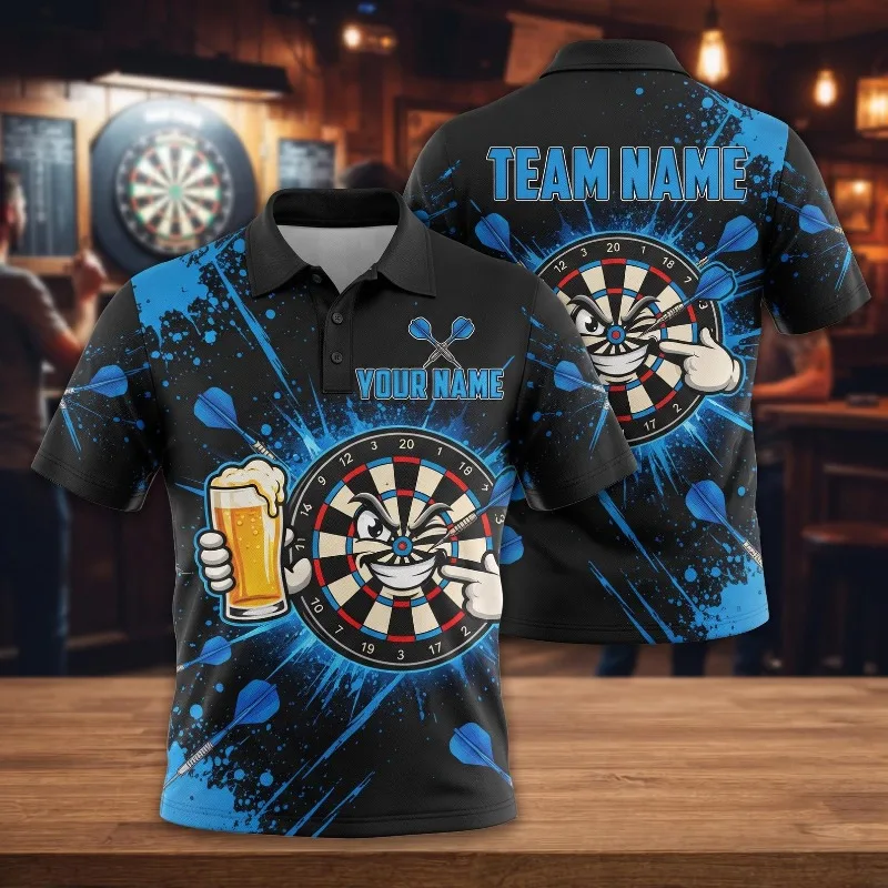Men's Custom Darts Polo Shirt Funny Dartboard Beer Print Short Sleeve Personalized Name Team Uniform