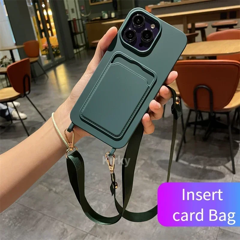 Luxuly Noble Green Insert Card Bag Soft Phone Case For IPhone 16 11 13 12 14 15 Pro Max XR 8 7 Plus Crossbody Lanyard Rope Cover