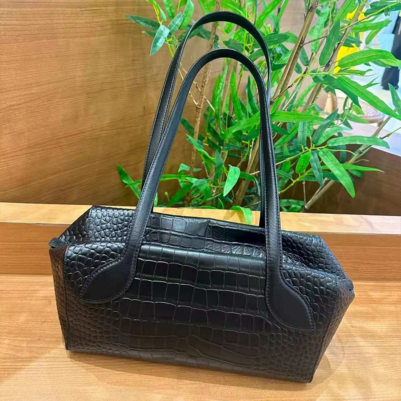 Luxury Retro Crocodile Bowling Bag Korean High End Texture Shoulder Bag Large Capacity Underarm Bag Daily Commute Shopping Purse