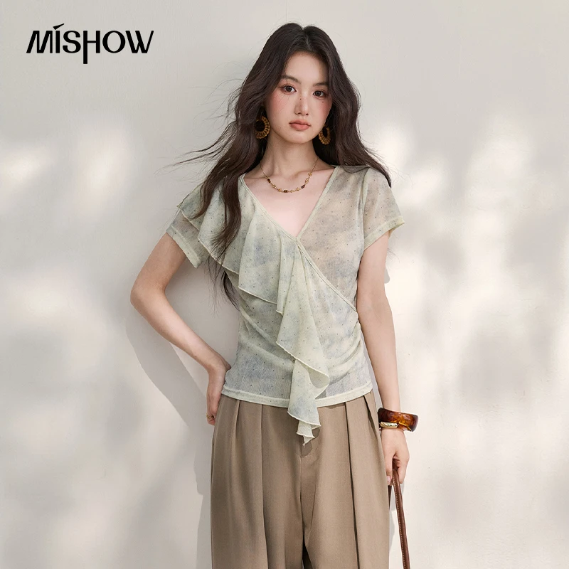 MISHOW Fashion 2026 Summer Gradient Blue Green Blended Polka Dot T-Shirt Women's V-Neck Ruffles Edge Slimming Top MXF27T1661