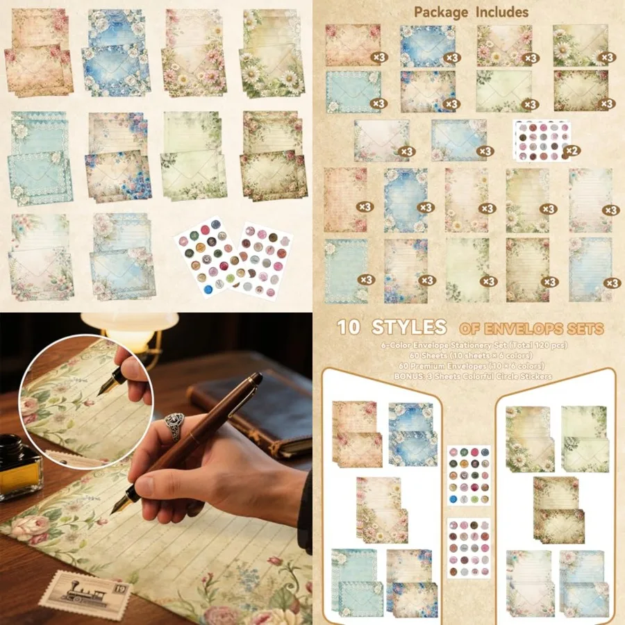 

Vintage Floral Stationery Set with 30 Lined Writing Papers 30 Matching Envelopes and 40 Self-Adhesive Seals Stickers Bleed-Resi