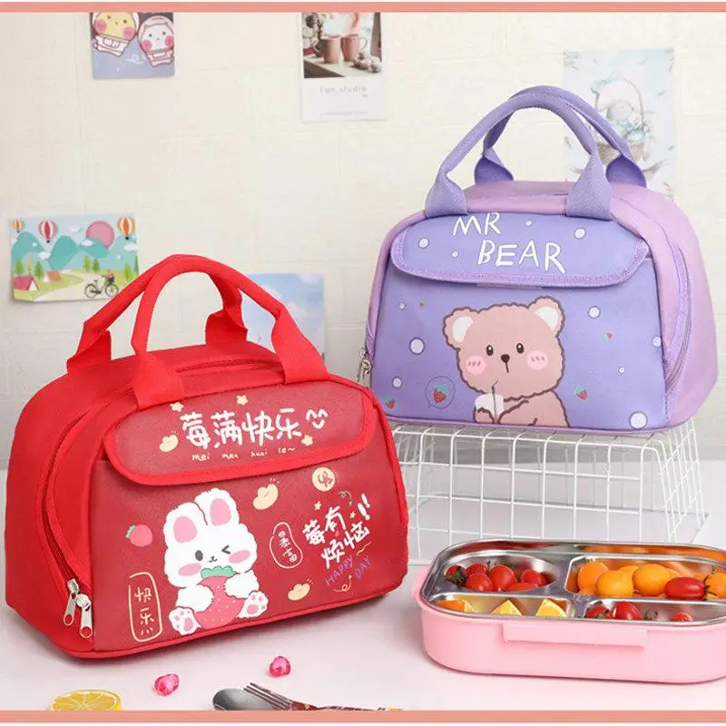 かわいいオックスフォード布製ランチボックスバッグ-小学生・中学生用-男の子-女の子用-防水・保温ハンドバッグ