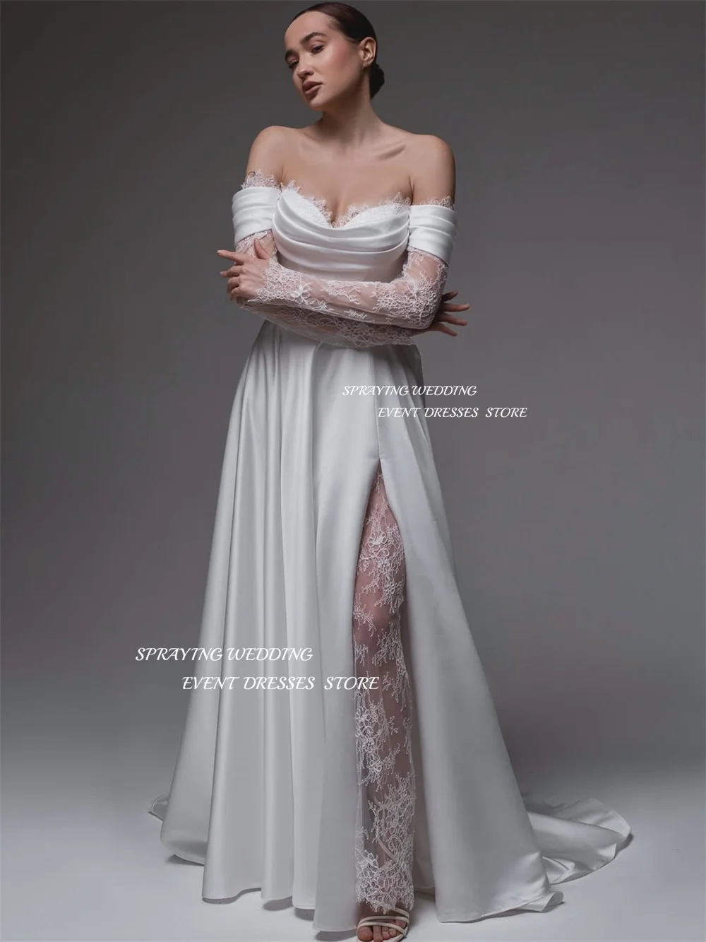 فستان زفاف أنيق من الدانتيل والساتان على شكل قلب وأكمام قصيرة بطول الأرض وفتحة جانبية زي العرائس رداء De Mariée مخصص