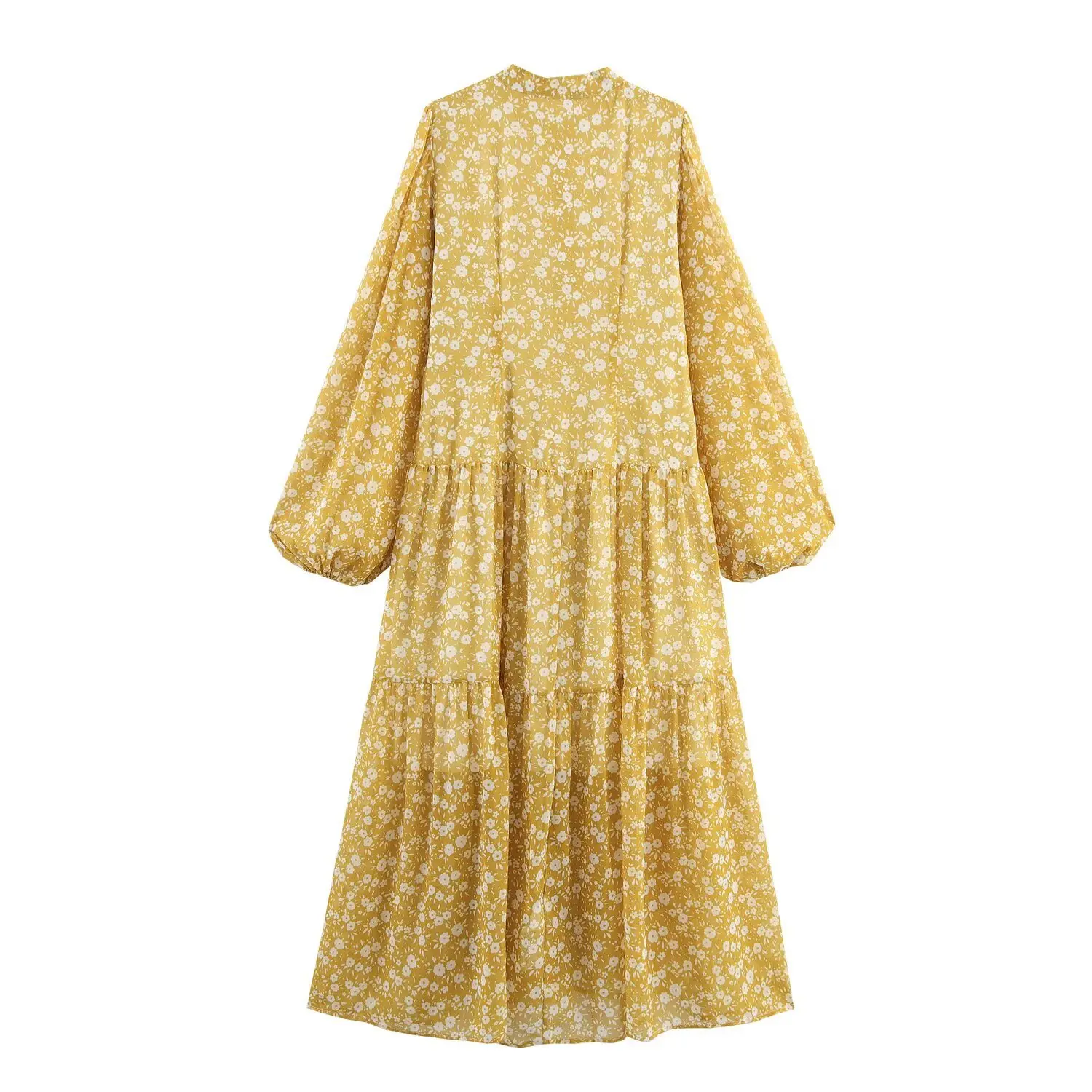 Vestido de mujer estilo resort de otoño 2025: vestido de playa de manga larga con cuello levantado y estampado floral bohemio de gasa de un solo pecho