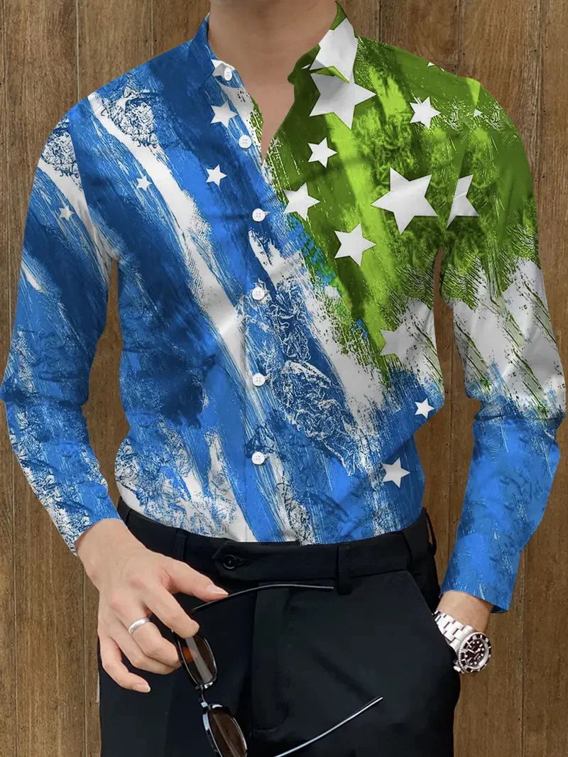 

New Men's Striped Shirt Striped Geometry Star Printed Street Clothing Fashion Long Sleeve Casual Street Clothing