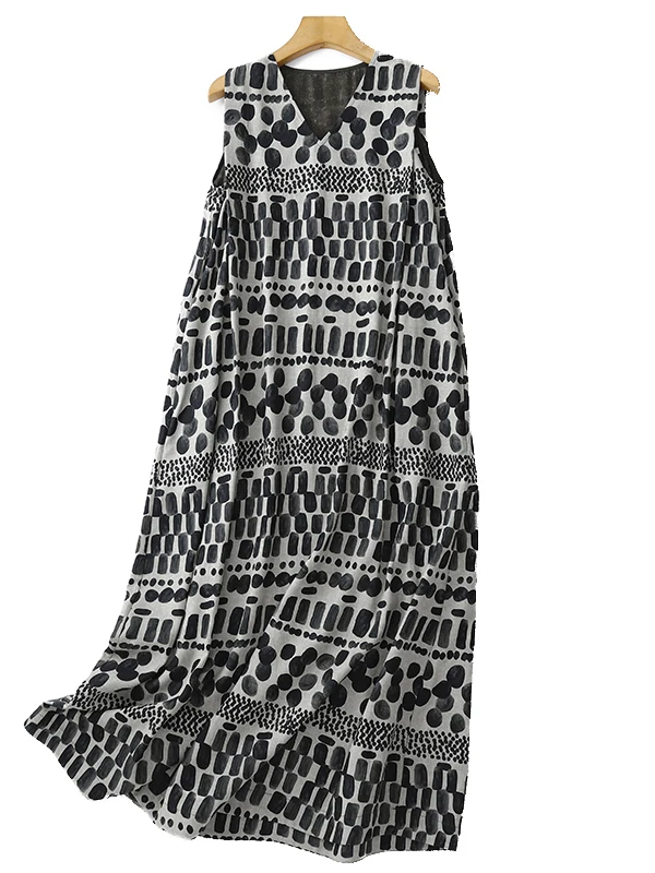 High-End Japanese Style plus Size Cotton Linen Double-Sided Printed Vest Skirt Women's Draped Smooth Sleeveless Dress