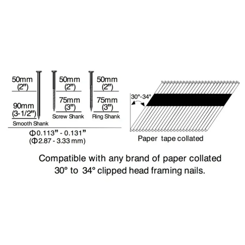 Framing NailsClipped Head Paper Tape Smooth Shank 30 34 Degree Eg  Paper Strip Nails for Framing Gas Nailer 90mm 240pcs