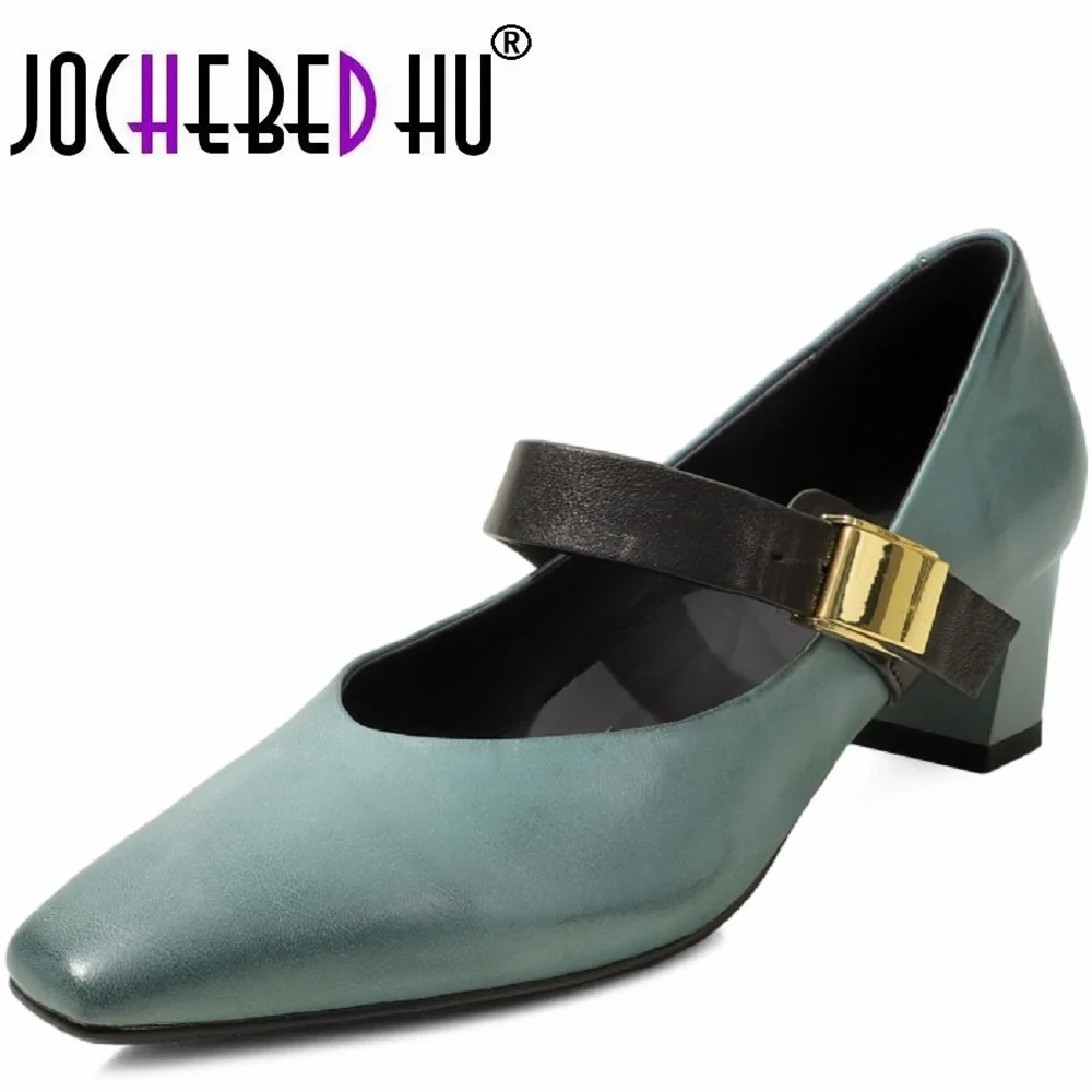 JOCHEBED HUHandmade High Quality Genuine Leather Soft and comfortable Square Head Shallow Mouth Mid Heels Mary Janes Shoes