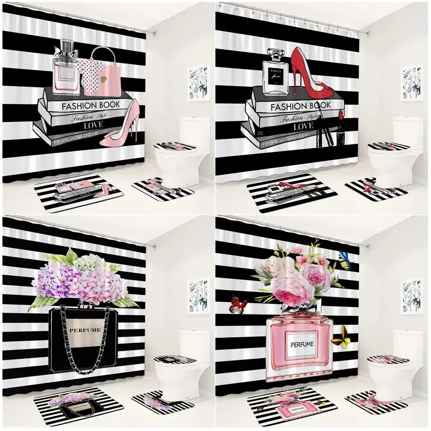 Juego de cortina de ducha de Perfume de tacón alto, alfombra antideslizante, tapa de inodoro, mariposa, flor, rayas blancas y negras, decoración del baño del hogar