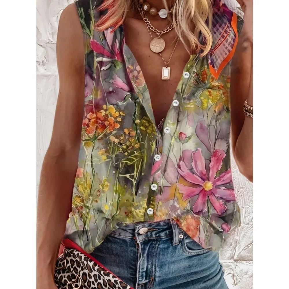 Plus Size 1XL-5XL New Women's Summer Fashion Sleeveless Printed Front Button Blouse Tank Top