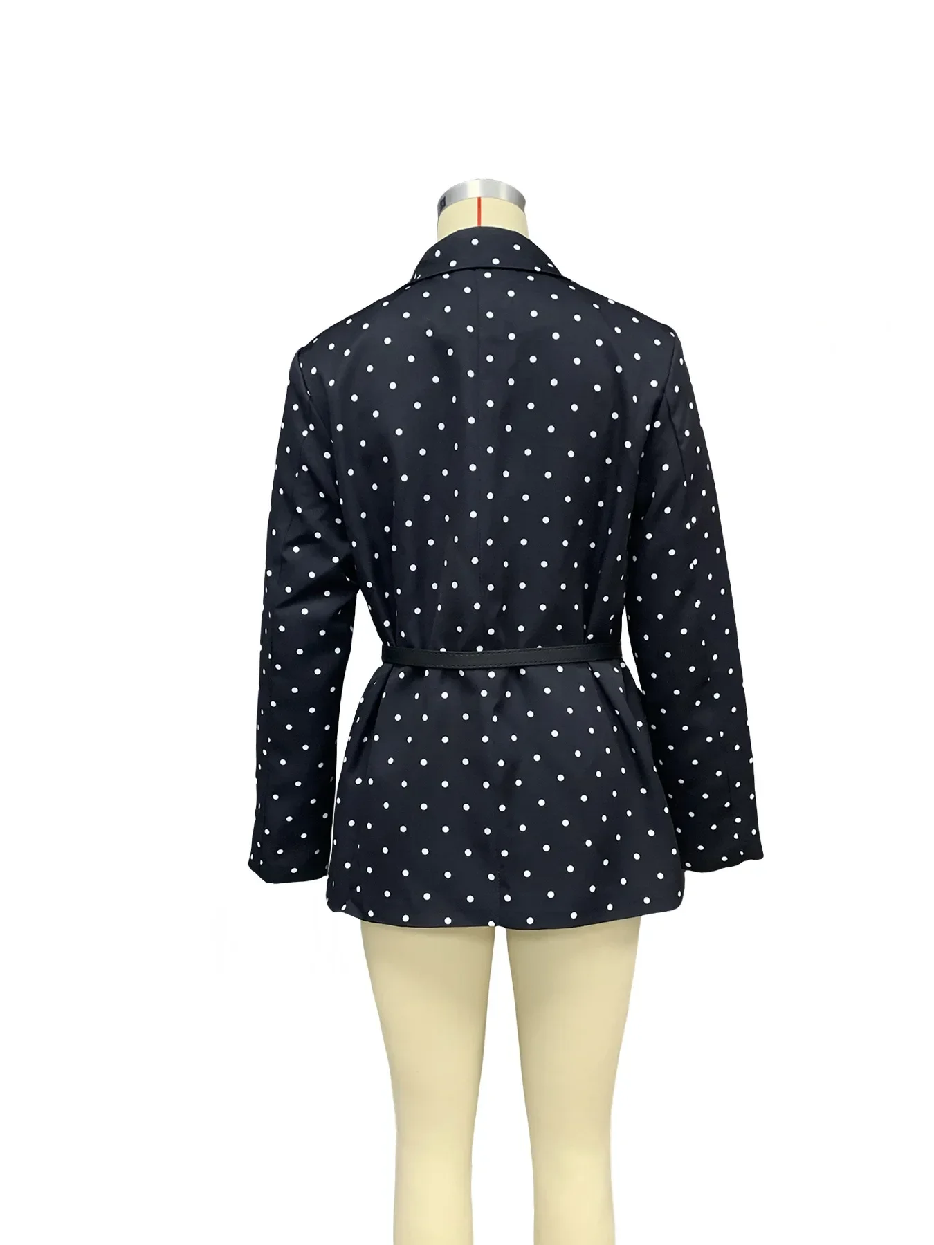 Women\'S Blazers Stylish Polka Dot Turn-Down Collar Long-Sleeved Outwear Coat Office Lady Slim Fit Black Suit Jacket With Belt