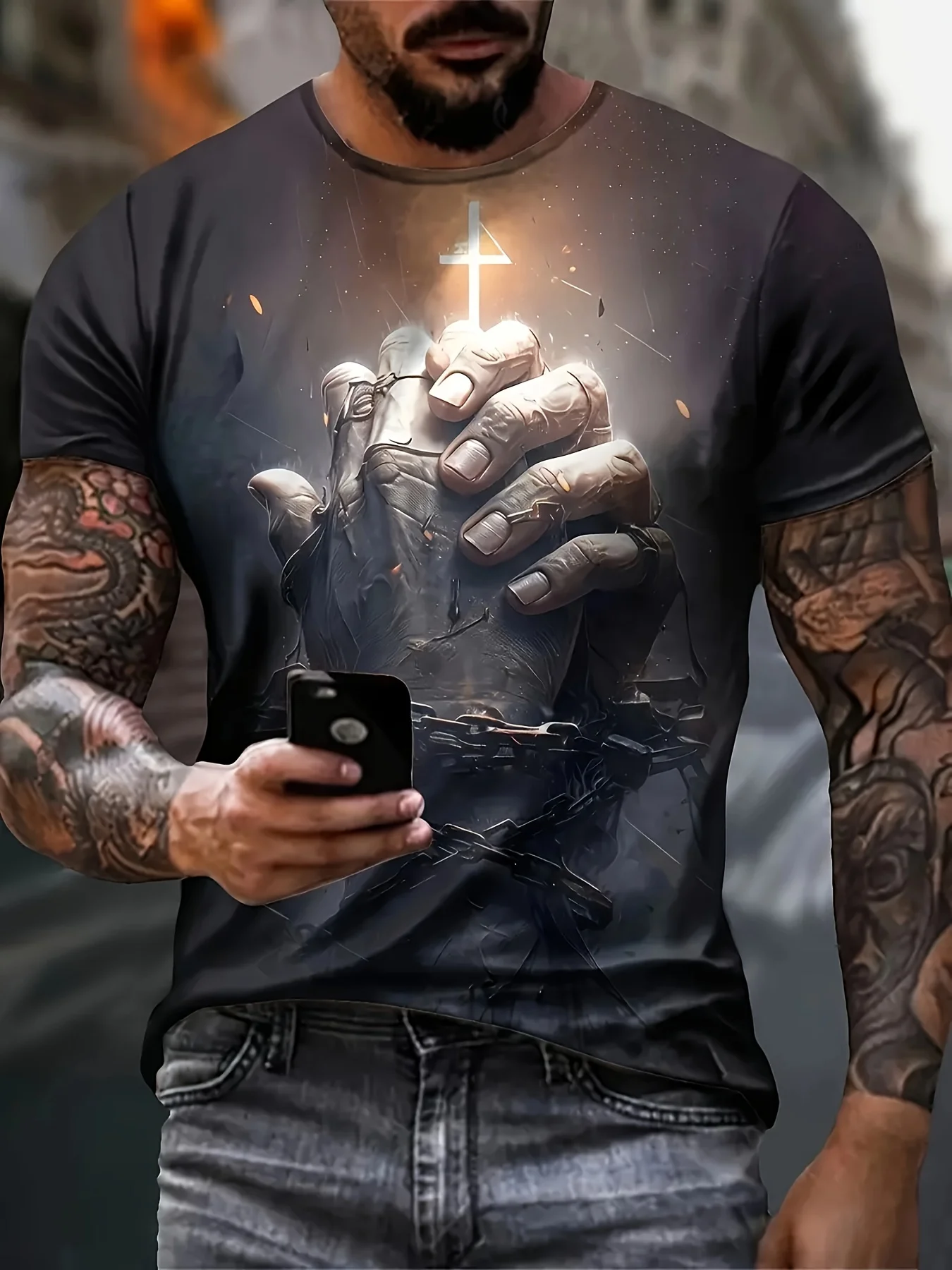 Men Christian Faith T-Shirt, Praying Hands Break Chain Glowing Cross Print Short Sleeve Crew Neck Religious Graphic Tee