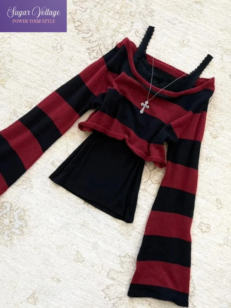 Herbst Koreanische Mode Dark Knit Weiche Tops Frauen Slim Fit Slash Neck Rot Schwarz Gestreiften Langarm Shirts Y2K Punk Stil bluse