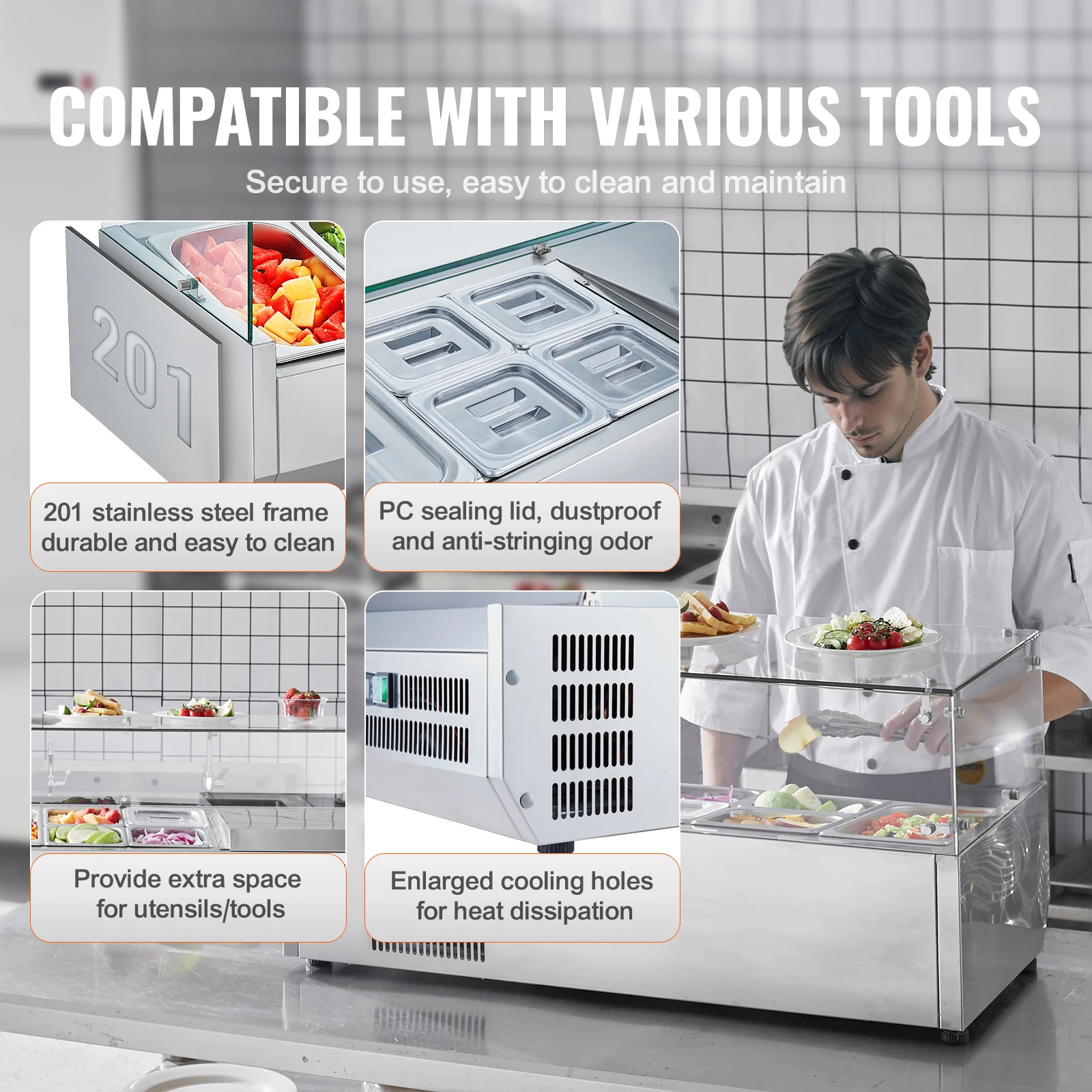 VEVOR Refrigerated Condiment Prep Station 130W with 1 1/3 Pan & 4 1/6 Pans 304 Stainless Body and PC Lid with Glass Guard ETL
