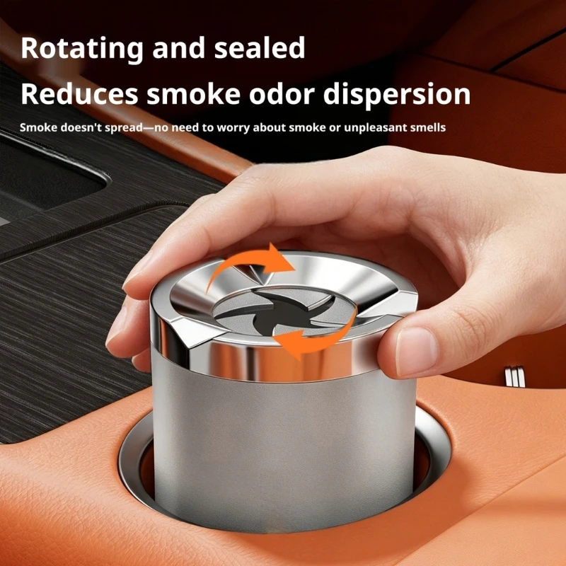 Vehicle Ashtray with 360-Degree Rotating Access, Lift-Out Ceramic Liner and Textured Base for Cars and Motorcycles
