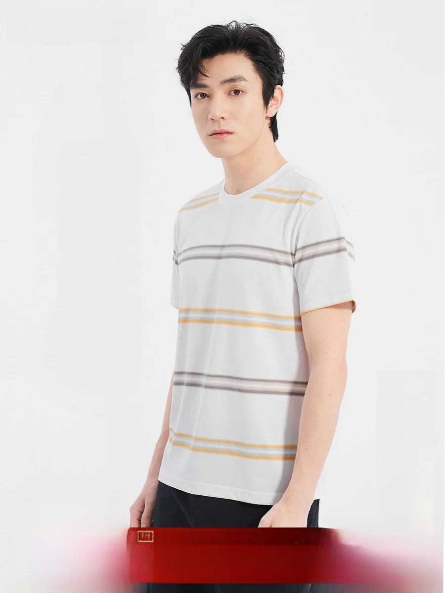 Lilanz Silk T-Shirt Men's New Summer Casual round Neck Short Sleeve Machine Washable Striped Top Fashion Urban Style Polyeste...