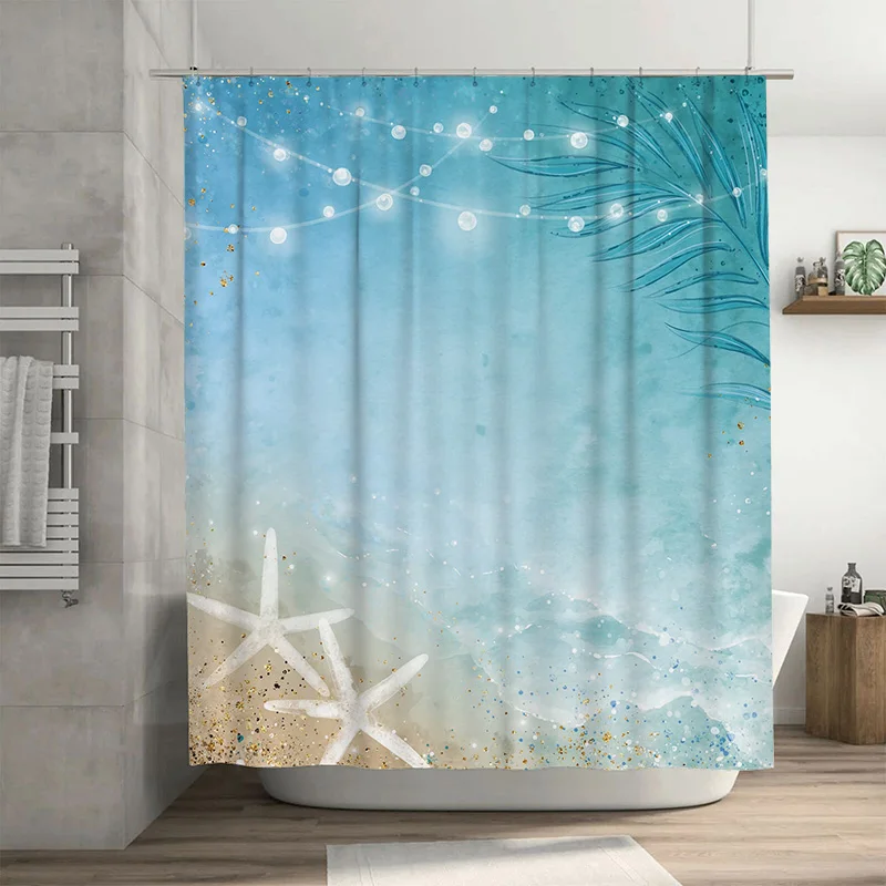

Синяя акварельная занавеска для душа с морской звездой и перьями, декор для пляжной ванны для украшения дома, белый, синий принт, 72 x 84 дюйма