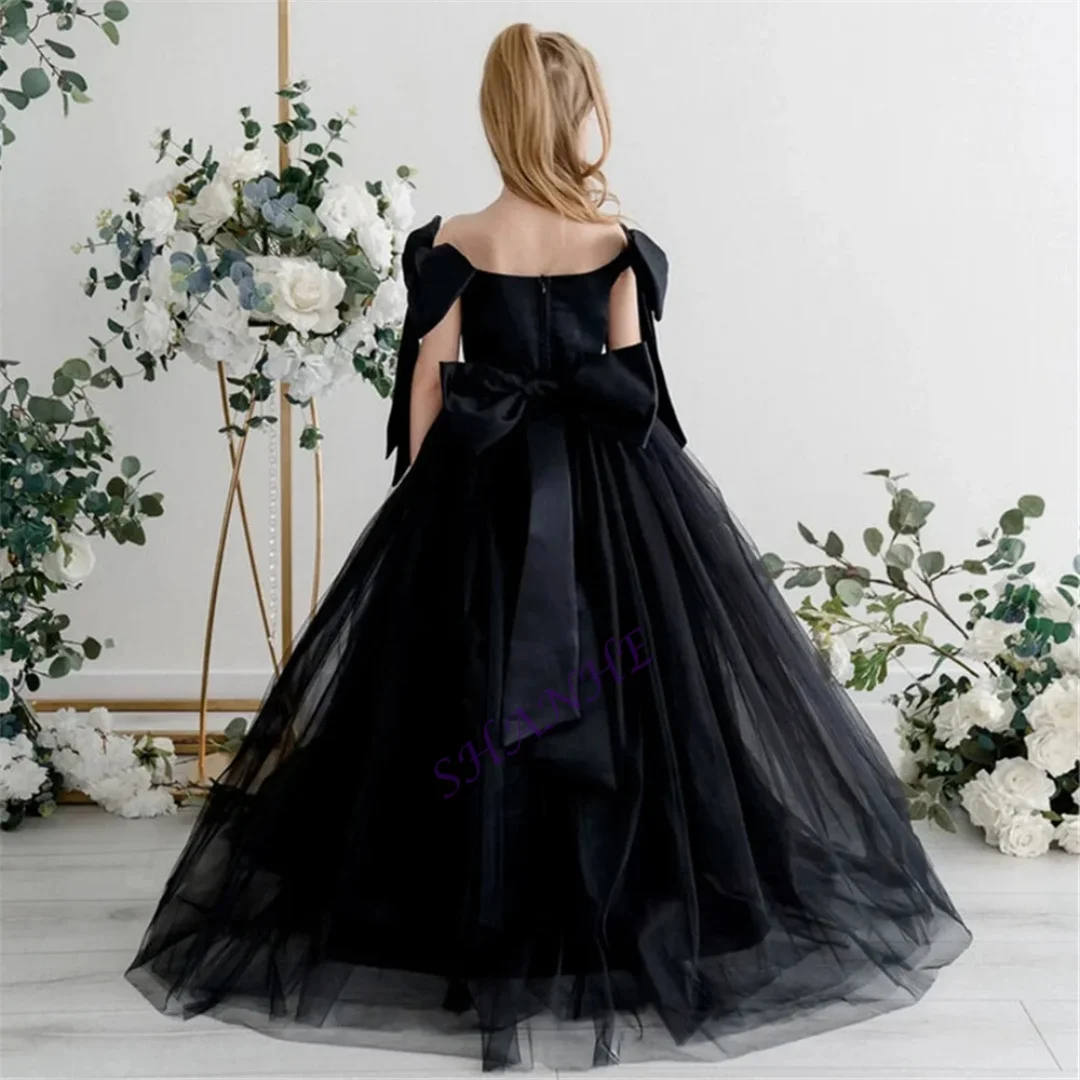 Robe classique à fleurs en Tulle pour filles, épaules dénudées, avec nœud plissé, ligne A, longueur au sol, longue robe de première Communion personnalisée