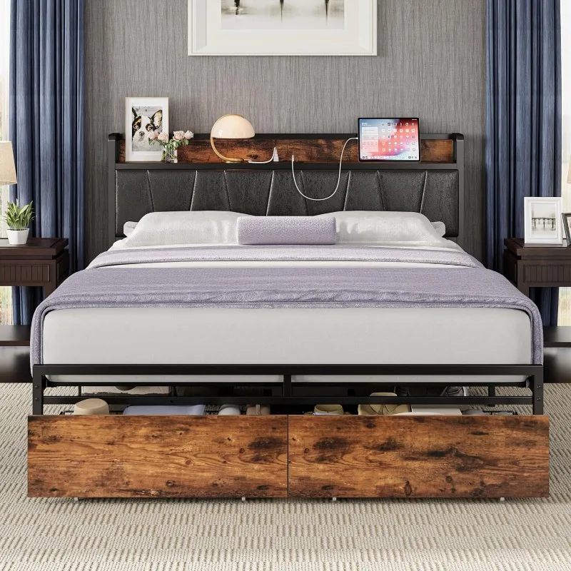 King Size Bed Frame, Storage Headboard with Charging Station, Platform Bed with Drawers, No Box Spring Needed