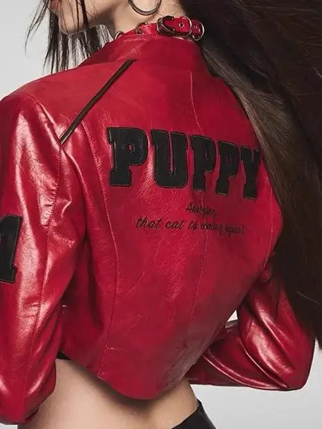 

Sweet Cool ort Байкерский джет из искусственной кожи, женский ретро-американский воротник-стойка, красный джет, весенне-осенний кожаный топ