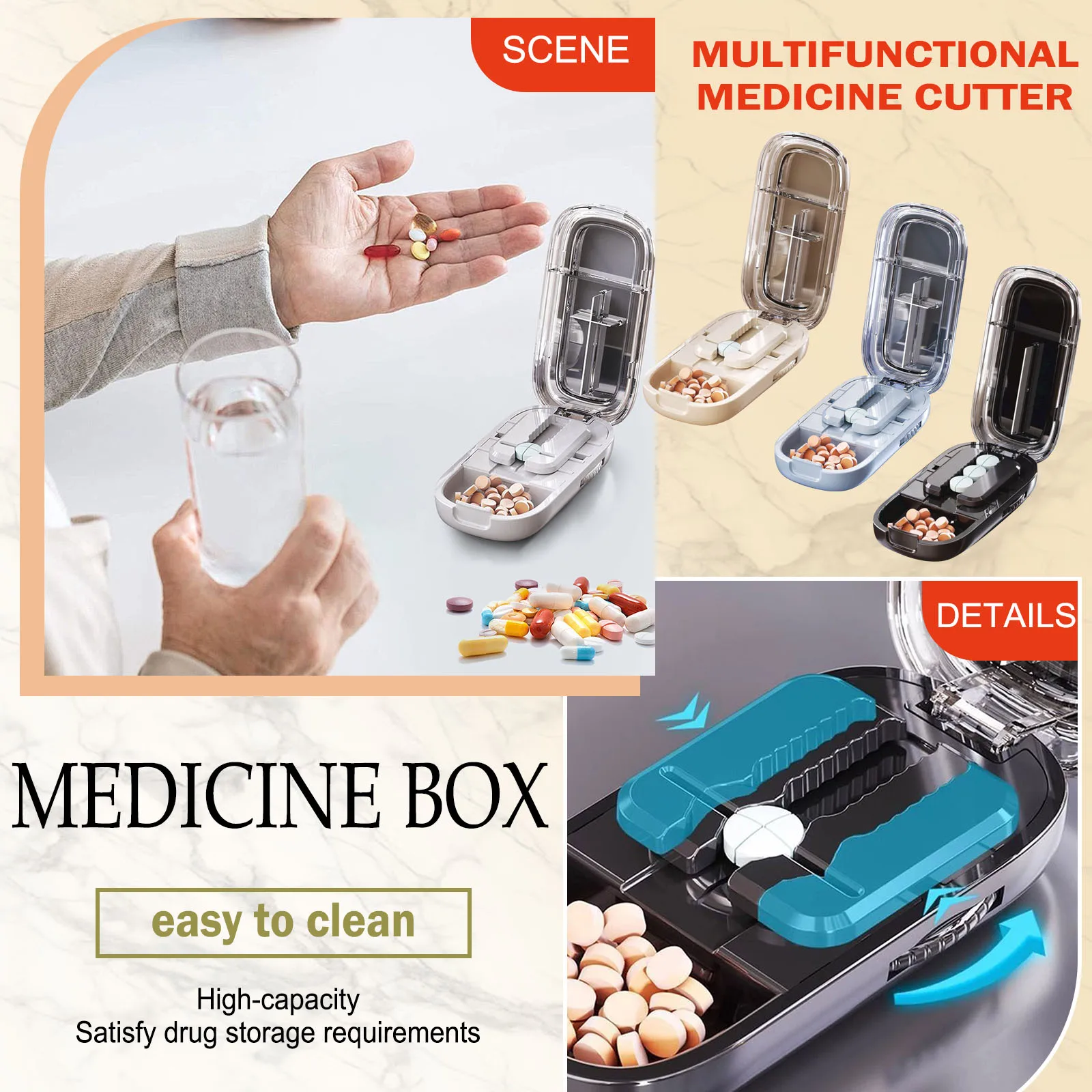 

Portable Pill Case 4 Way Split Design Pill Cutter Travel Medicine Organizer Easy Clean Pill Storage Box Daily Use Accessory