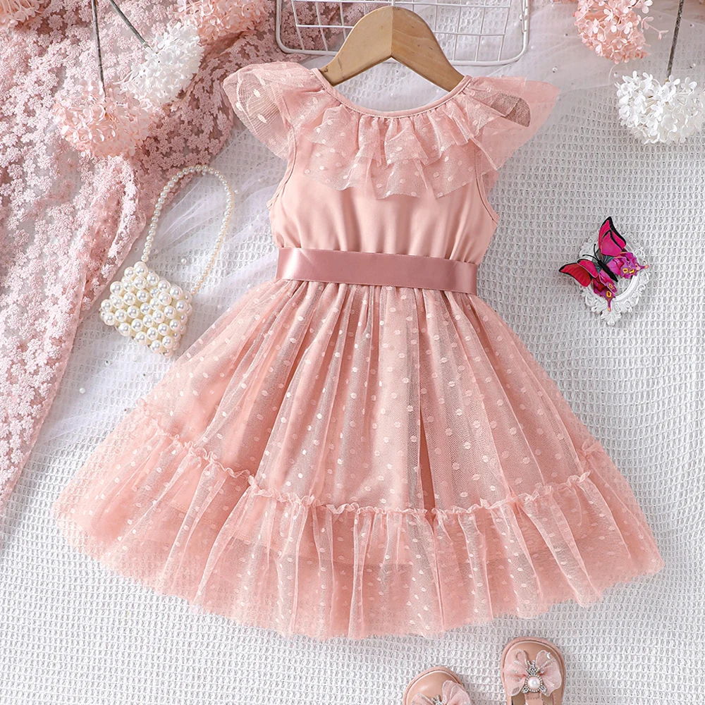 Girls Summer New Sleeveless Lace V-Neck Dot Panel Mesh Lace Dress