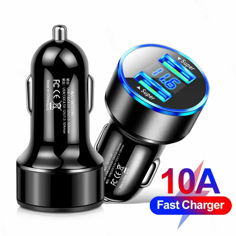 Car Charger 10a Dual Port Usb Digital Display Multifunctional Practical Portable Car Supplies Car Charger Adapter Fast Charging