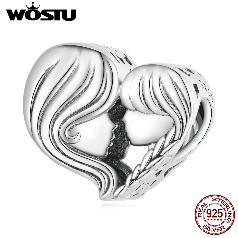 

WOSTU 925 Sterling Silver Heart Shape Mom daughter Love Charms Pendant Bead Fit Original Bracelet DIY Necklace Family Jewelry