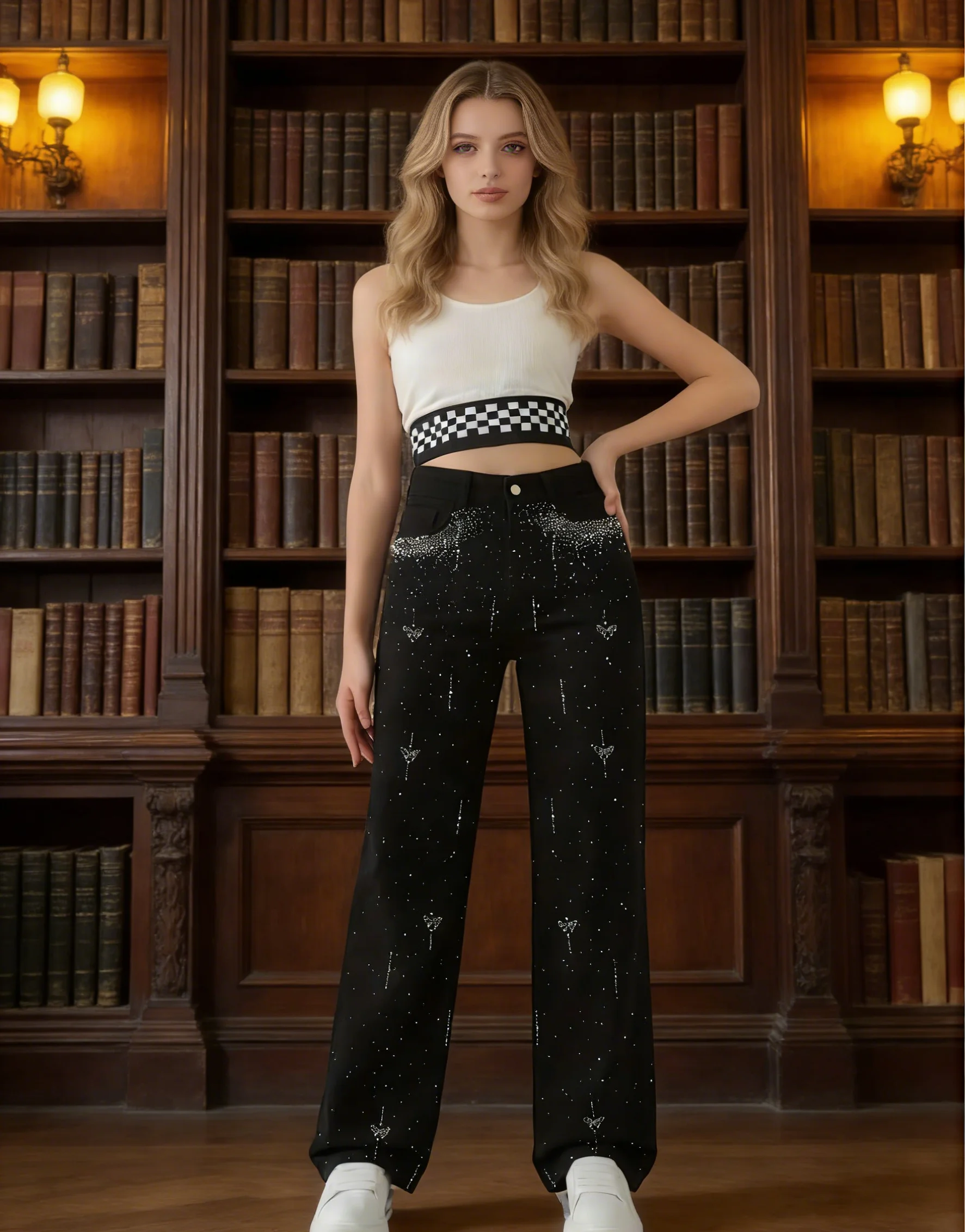 Pantalones vaqueros negros con diamantes de imitación de longitud completa para mujer, pantalones vaqueros informales ajustados con diseño degradado de diamantes, pierna recta