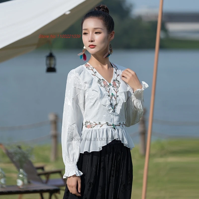 2025 chinese vintage blouse improved hanfu tops national flower embroidery satin jacquard v-neck folk blouse ethnic streetwear