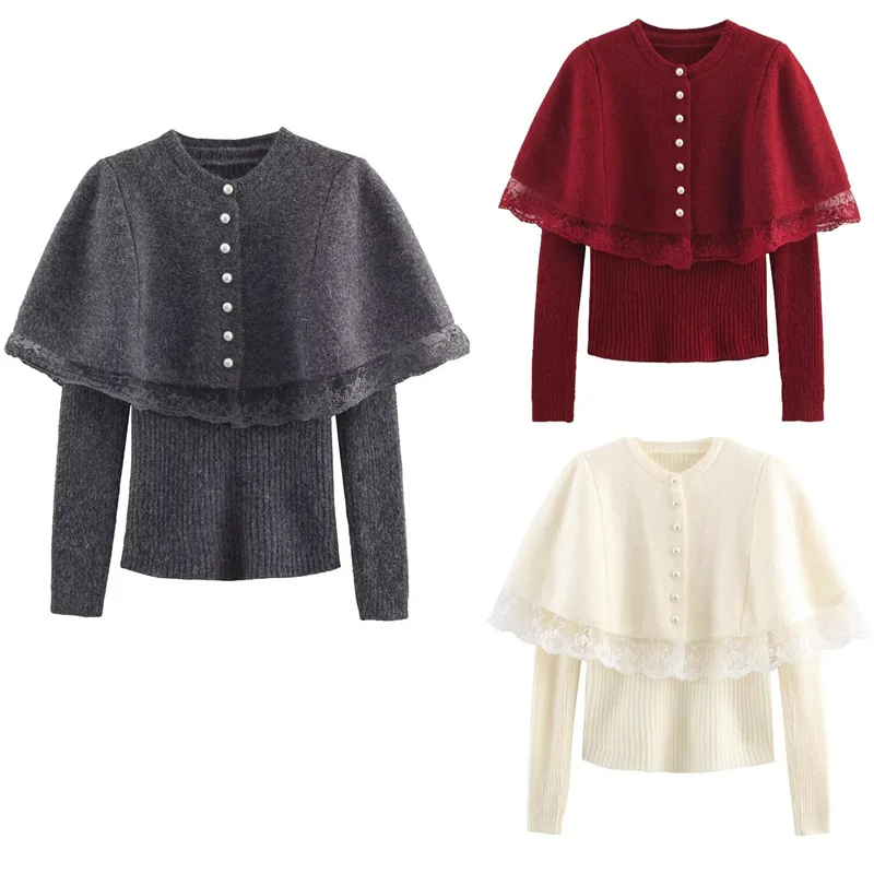 

2025 Autumn/Winter New Women's Fashion, Elegant Lace-Trimmed Pearl-Button Knit Cape Sweater.