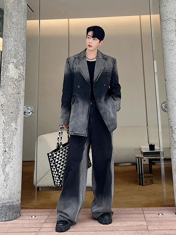 

Ретро-джинсовый мужской костюм: пиджак и брюки с широкими штанинами в двухцветном исполнении, осенняя мода, дизайн в стиле High Street, повседневная верхняя одежда