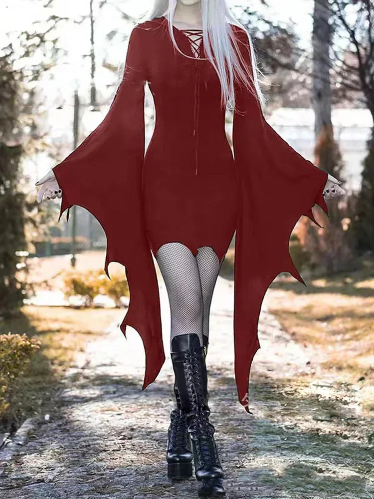 Vestido negro de cintura alta para mujer, minivestido gótico con manga de murciélago, Estilo Vintage, elegante