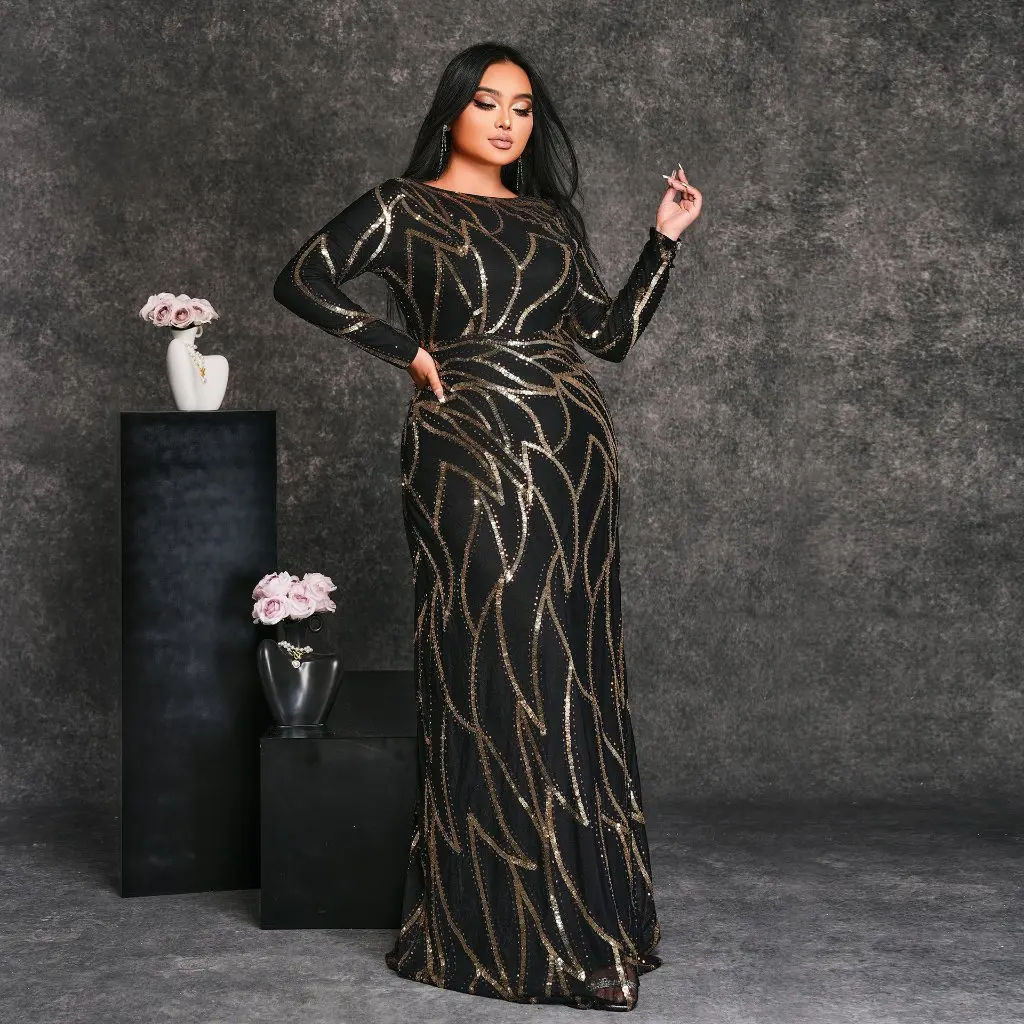 Vestido de noche de talla grande con cuello redondo y manga larga para mujer, vestido de banquete Sexy con lentejuelas para chicas regordetas, estilo europeo y americano